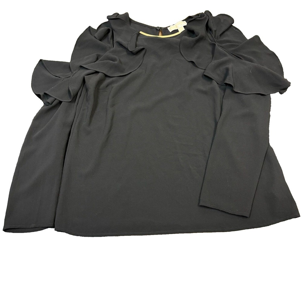 Michael Michael Kors Black Ruffle Cold Shoulder Blouse Gold Bar Neck Top M
